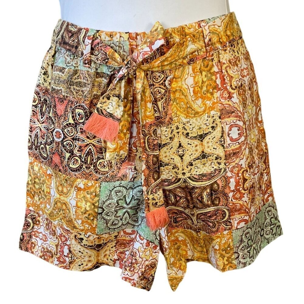 Johnny Was Jade Astoria Linen Easy Shorts Boho Chic NWT XS Browns Orange Aqua